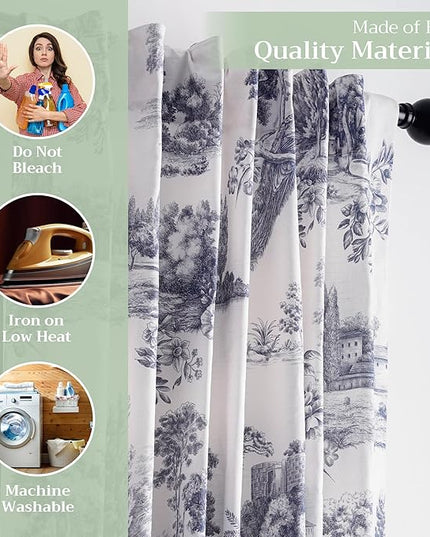 Maison d' Hermine Curtains for Living Room 100% Cotton 108 inch Length One Panel Light Filtering Toile Curtains for Bedroom Windows with Rod and Loop Pockets Drapes (Trianon Blue, 50" W x 108" L)
