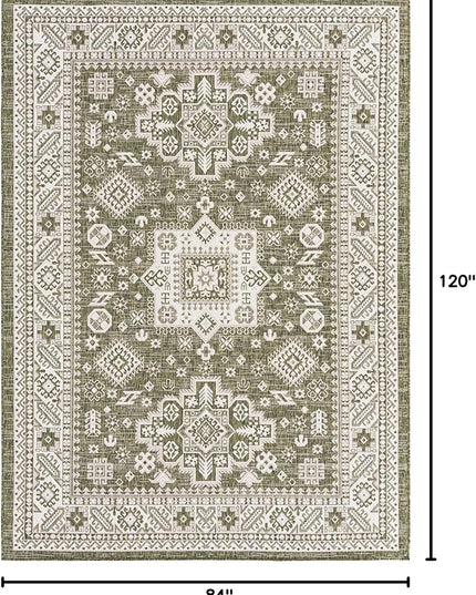 Rugs.com Outdoor Aztec Collection Rug – 7' x 10' Green Flatweave Rug Perfect for Living Rooms, Large Dining Rooms, Open Floorplans