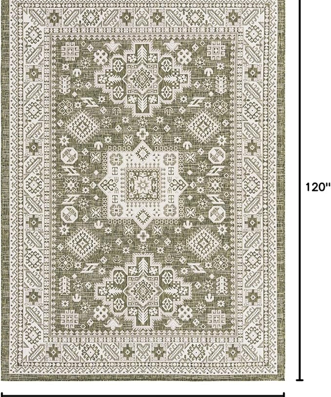 Rugs.com Outdoor Aztec Collection Rug – 7' x 10' Green Flatweave Rug Perfect for Living Rooms, Large Dining Rooms, Open Floorplans