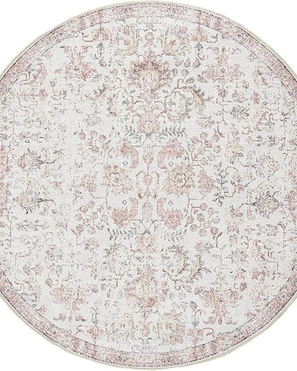 jinchan Kalen Round Rug 7ft Area Rug Washable Vintage Indoor Retro Accent Floor Cover Distressed Floral 7' Round Circle Boho Non Slip Thin Carpet for Living Room Dining Room Bedroom Kitchen Red