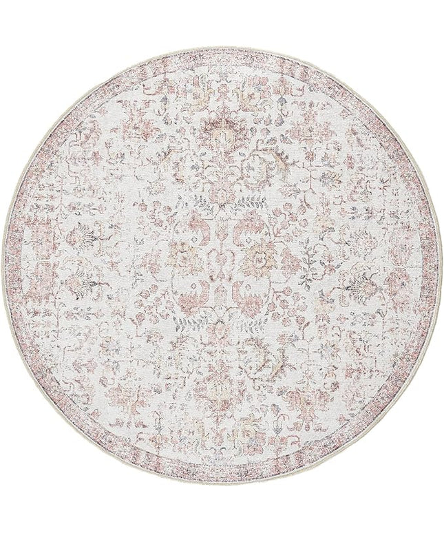 jinchan Kalen Round Rug 4ft Area Rug Washable Vintage Indoor Retro Accent Entryway Floor Cover Distressed Floral 4' Round Circle Boho Non Slip Thin Carpet for Bedroom Living Room Dining Room Red