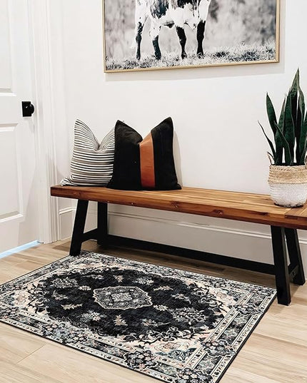 MUJOO Black Rug 2'x3',Small Washable Area Rugs for Entryway Kitchen Bathroom Bedroom,Boho Vintage Bohemian Distressed Farmhouse Non Slip Carpet, Floral