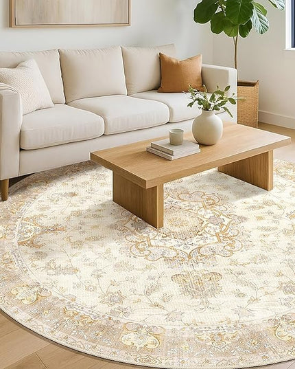 Beige Round Rug 6ft,Large Circle Area Rugs for Living Room Bedroom Dining Room,Washable Boho Vintage Bohemian Distressed Oriental Floral Carpet Non Slip,Retro Gold Floral