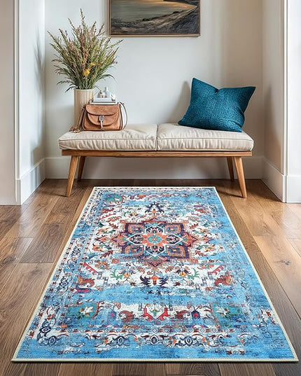GLN Rugs Traditional Collection - Machine Washable Area Rug, Traditional Washable, Non Slip, Low Pile Chenille Rug, Living Room, Bedroom, Kitchen Rug (2'6"x6'6" Blue)