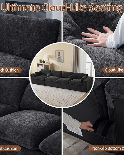 155''Cloud Boneless Sectional Couch, Modular Sectional Sofa Deep Seat, Oversized Upholstered Convertible Comfy 4 Seater Chenille Memory Foam Sofa Couches for Living Room, Dark