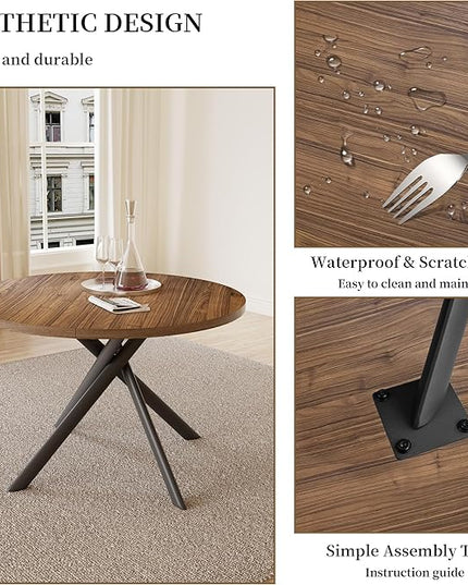 45.3'' Walnut Round Dining Table Set for 4, Mid Century Modern Small Coffee Set for Dining Room Kitchen Apartment (Light Walnut + 4 Black Chairs)