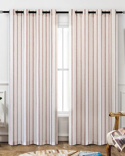 DriftAway Farmhouse Linen Blend Blackout Curtains 84 Inches Long for Bedroom Vertical Striped Printed Linen Curtains Thermal Insulated Lined Treatments for Living Room 2 Panels W52 x L84 Red
