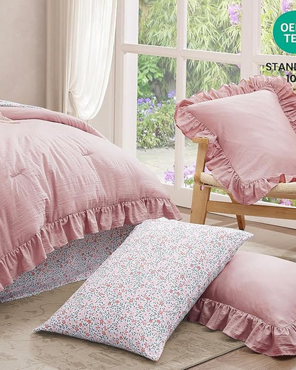 Twin XL Comforter Set - 5 Pieces Ruffle Soft Pink Bedding Sets, Shabby Chic Farmhouse Bed in a Bag Twin XL with Ruffle Comforter, Floral Sheets, Pillowcases & Shams