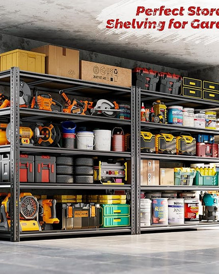 48"W Garage Shelving, 3050LBS Storage Shelves heavy duty, 5 Tier Metal Shelving Unit Adjustable Garage Shelves Heavy Duty Shelving for Warehouse,Commercial, Kitchen, 48" W × 18" D × 72" H, Black, 2PCS