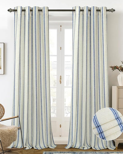 DriftAway Farmhouse Linen Blend Blackout Curtains 108 Inches Long for Bedroom Vertical Striped Printed Linen Curtains Thermal Insulated Lined Treatments for Living Room 2 Panels W52 x L108 Navy