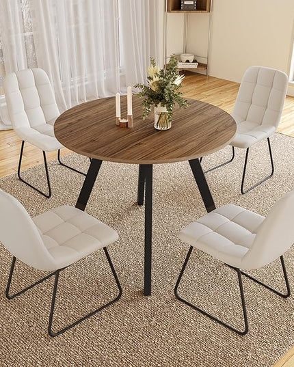 34.6'' Round Dining Table and Chairs for 4 Space Saving for Apartment Kitchen Dining Room (Walnut Table+4 U-Shaped White Chairs)