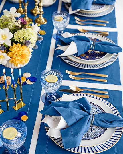 Solino Home Linen Placemats Set of 4 - Classic Hemstitch Indigo Blue Placemats 14 x 19 Inch - 100% Pure Linen Table Mats for Christmas, Holiday, Winter, New Year