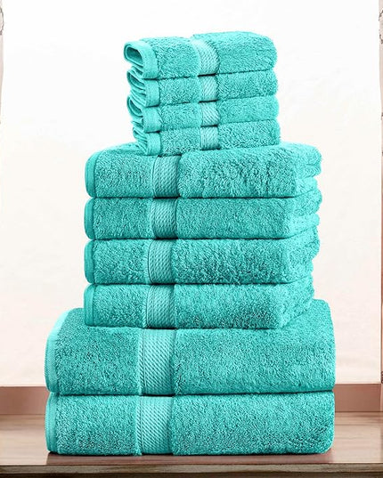 Superior Egyptian Cotton Pile 10 Piece Towel Set, Includes 2 Bath, 4 Hand, 4 Face Towels/Washcloths, Ultra Soft Luxury Towels, Thick Plush Essentials, Guest Bath, Spa, Hotel Bathroom, Turquoise