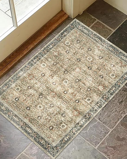 ReaLife Rugs Machine Washable Area Rug - Living Room Bedroom Bathroom Kitchen Entryway Office - Padded Crease Free Stain Resistant Premium - Boho Farmhouse Vintage- Dua- Brown Beige - 2'x 3'