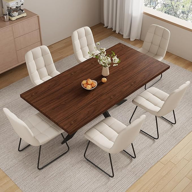 ZckyCine Expandable Dining Table Set for 6-8 People, Modern Rectangular Kitchen Table, 63"-79" Extendable, Walnut Finish, Metal Frame, 6 PU Leather Cushioned Chairs, Easy Assembly