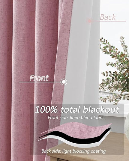 Guken 100% Blackout Curtains 96 Inch Length 2 Panels Set for Living Room Bedroom Back Tab Thermal Insulated Black Out Linen Drapes Room Darkening Rose,52x96