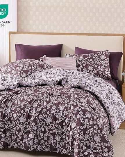 Queen Comforter Set -7 Pieces Floral Dark Purple Comforter Set for All Seasons, Bed in a Bag Queen with Botanical Flowers Comforter, Sheets, Pillowcases & Shams