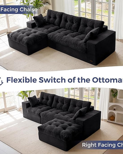 MAXYOYO 104" L Shaped Modular Sectional Sofa with Ottoman, Cloud Boneless Couch with Layered Cushion, Upholstered Sofa in a Box, Flexible Module Combination for Living Room, No Assembly, Black