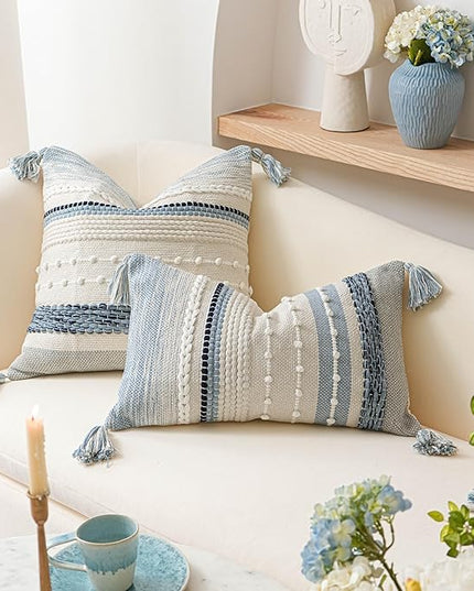 BlissBlush Coastal Blue Boho Decorative Throw Pillow Cover 22x22 Modern Bohemian Accent Pillow Case Square Woven Textured Farmhouse Pillows for Couch Bed (Pack of 1)