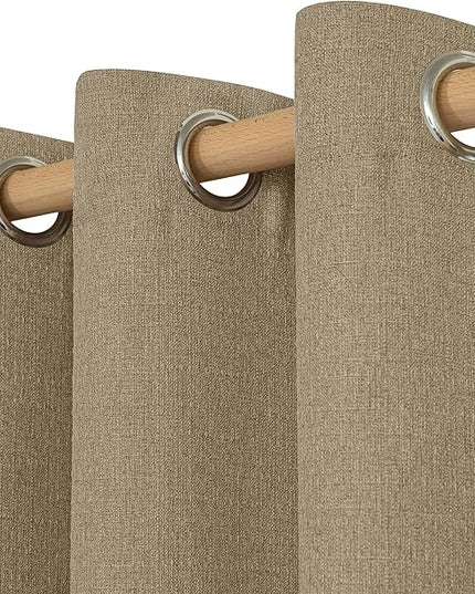LAMIT Tan Brown Linen Curtains for Bedroom, 90 inches Grommet Thermal Insulated Thick Farmhouse Curtains Noise Reducing Window Treatment Burlap Drapes for Living Room, Set of 2 Panels, W52 x L90