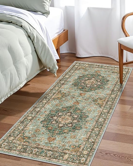 Green Oriental Entry Rug - 2x4 Washable Area Rugs for Kitchen Bathroom Non-Slip Ultra-Thin Indoor Door Mat Indoor Entrance - Stain Resistant Small Throw Carpet (Green, 2X4)