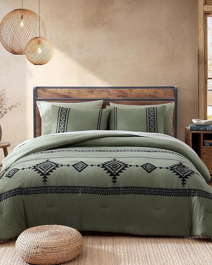 MaiRêve Embroidery Comforter Set, Boho Farmhouse Western Bedding Set, All Season Bed in A Bag Comforter Set with Sheets, Pillowcases & Shams, Olive Green California King 7 Pieces
