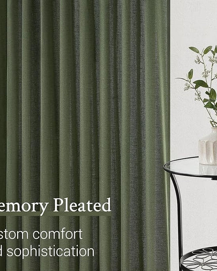Olive Green Pinch Pleated Linen Curtains 84 Inch Length 1 Panels for Bedroom Living Room Textured Semi Sheer Window Curtain Boho Neutral Back Tab Pinch Pleat Drape with Hooks 84 Inches Long