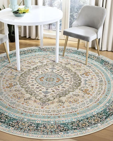 Round Area Rugs 5ft Washable,Blue Rug for Living Room Bedroom Dining Room,Large Boho Vintage Bohemian Distressed Oriental Carpet Non Slip,Floral