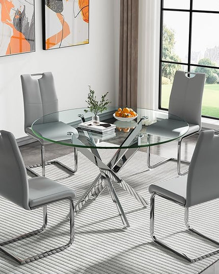 HomVent Round Glass Dining Table Set for 4, 5-Piece Modern Kitchen Table Set with 4 PU Upholstered Chair for Kitchen Dining Room, Glass Dining Room Table Set