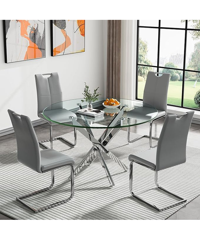 HomVent Round Glass Dining Table Set for 4, 5-Piece Modern Kitchen Table Set with 4 PU Upholstered Chair for Kitchen Dining Room, Glass Dining Room Table Set