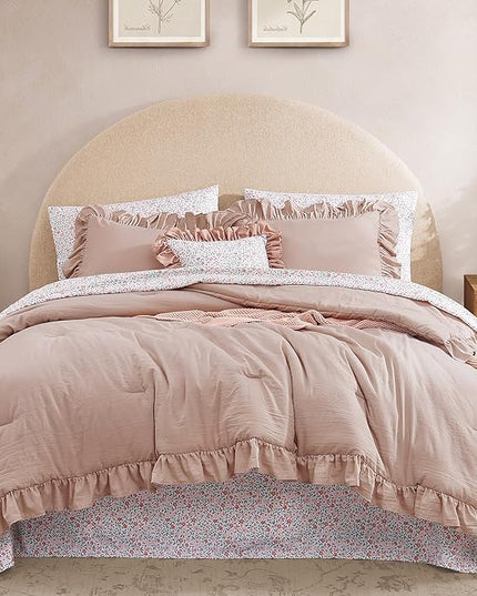 Full Comforter Set - 7 Pieces Ruffle Pink Bedding Sets, Shabby Chic Farmhouse Bed in a Bag Full with Ruffle Comforter, Floral Sheets, Pillowcases & Shams