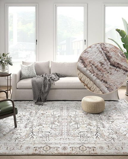 jinchan Lima 6x9 Area Rug for Living Room Washable Soft Throw Rug Ultra-Thin Stain Resistant Non-Slip Distressed Vintage Floral Large Carpet for Bedroom, Dining Room Home Office Nursery (6x9ft, Taupe)