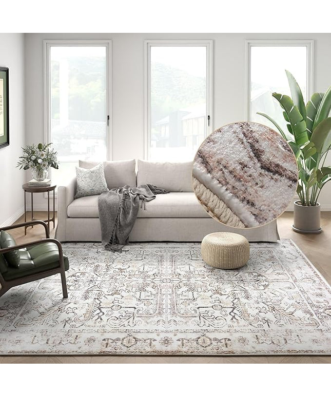 jinchan Lima 8x10 Area Rug for Living Room Washable Soft Rug Ultra-Thin Stain Resistant Non-Slip Distressed Vintage Floral Large Carpet for Bedroom Dining Room Home Office Nursery (8x10ft, Taupe)
