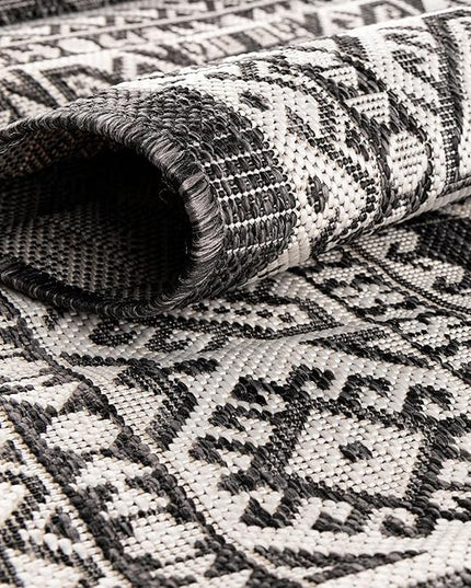 Rugs.com Outdoor Aztec Collection Rug – 10 Ft Round Charcoal Gray Flatweave Rug Perfect for Kitchens, Dining Rooms