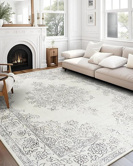 ReaLife Rugs Machine Washable Area Rug - Living Room Bedroom Bathroom Kitchen Entryway Office - Padded Low Pile Stain Resistant Premium - Boho Farmhouse Vintage - Paige - Ivory 7'6" x 9'6"