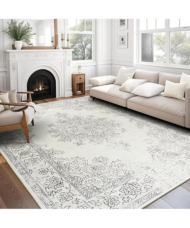 ReaLife Rugs Machine Washable Area Rug - Living Room Bedroom Bathroom Kitchen Entryway Office - Padded Low Pile Stain Resistant Premium - Boho Farmhouse Vintage - Paige - Ivory 7'6" x 9'6"