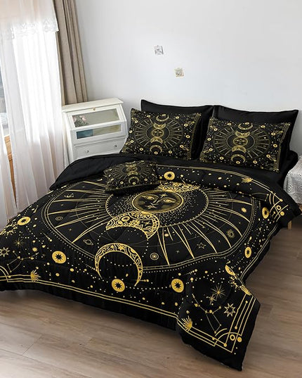 Bedbay Sun Moon Comforter Set 8 Pcs Black and Gold Trippy Galaxy Bedding Set Queen Bed in a Bag Constellation Horoscope Bedding Bed Set Cosmos Celestial Decor Quilted Duvet Insert(Gold,Queen)