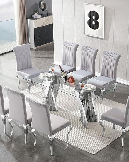 70" Glass Dining Table,Silver Dinner Room Glass Table for 6 8,Modern Kitchen Dinner Table with Stainless Steel Base and Clear Tempered Glass Top for Living Dining Room