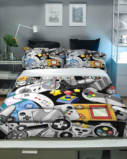 Sunnycitron Gaming Comforter for Boys Teen Gamer Comforters Full Size Gaming Bedding Kids Bed Set Boys Bedding Quilt Game Room Decor,1 Comforter +2Pillowcase