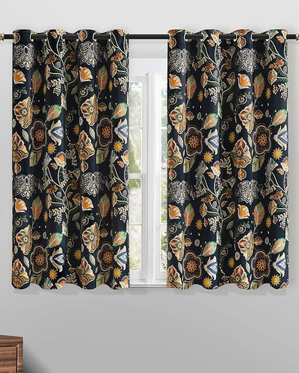 XiDi Floral Blackout Bedroom Curtains 63 Inches Long 2 Panels Room Darkening Thermal Insulated Vintage Mid Century Modern Curtains Patterned Flower Leaf Grommet Drapes for Home Decor 52x63 Navy Blue