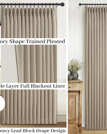 Blackout Memory Trained Pinch Pleated Curtains 84 Inch Length for Living Room, Country Taupe Natural Linen Thick Burlap Two Layer Heat Blocking Window Drapes for Bedroom 2 Panels Set 40"W x 84"L Birch