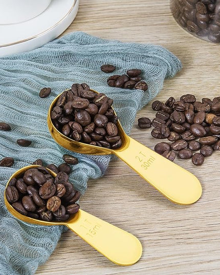 Stainless steel coffee scoop 2-piece set (1 tbsp, 2 tbsp) durable Tablespoon, ergonomic measuring spoon, Suitable for small and large jars，short-handled spoon (Gold)