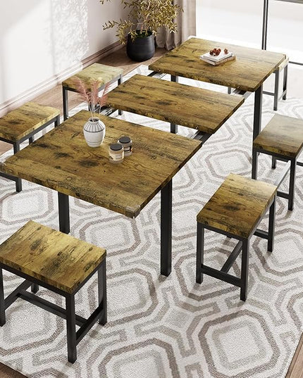 iPormis 7-Piece Dining Table Set with 6 Stools, 63" Extendable Kitchen Table Set for 4-8, Modern Dining Room Table with Sturdy Metal Frame, Space-Saving Dinette, Rustic Brown