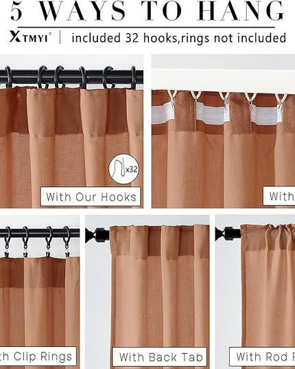 XTMYI Terracotta Vintage Boho Curtains, Rust Colored Linen Sheer Rustic Farmhouse Western Curtains for Bedroom Living Room Home Decor, 84 Inches Long, 2 Panels Set