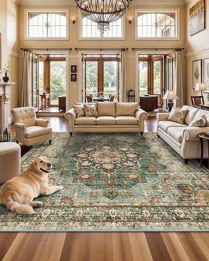 Washable Oriental Area Rug - 12x12 Rugs for Living Room Soft Carpet for Bedroom Waterproof Floral Distressed Indoor Stain Resistant Non-Shedding Floor Carpets (Green, 12x12)