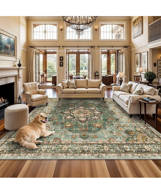 Washable Oriental Area Rug - 12x12 Rugs for Living Room Soft Carpet for Bedroom Waterproof Floral Distressed Indoor Stain Resistant Non-Shedding Floor Carpets (Green, 12x12)