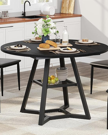 Round Dining Table for 4, Kitchen Tables Dining Room Circle Dinner Table with Pedestal Metal Frame, Space Saving Wood Industrial Kitchen & Dining Room Tables, Black 47In