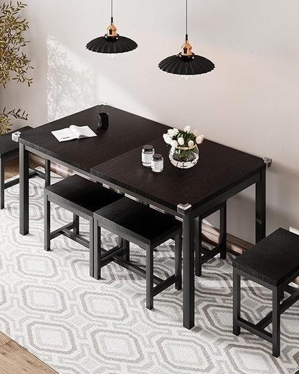 iPormis 7-Piece Dining Table Set with 6 Stools, 63" Extendable Kitchen Table Set for 4-8, Modern Dining Room Table with Sturdy Metal Frame, Space-Saving Dinette, Black