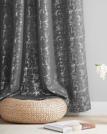Taisier Home 45" Dark Grey Geometric Dot Curtains - Silver Foil Print Linen Drapes for Living Room & Bedroom, 2 Panels Light Filtering Window Treatments