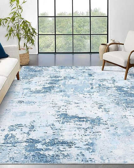 6x9 Modern Abstract Area Rug Non Slip Non Shedding Low Pile Stain Resistant Rug Soft Washable Carpet for Bedroom Living Room, Light Blue